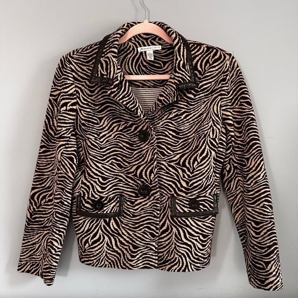 JM Collection Petite Brown & Cream Zebra Animal Print Stretch Knit Blazer M